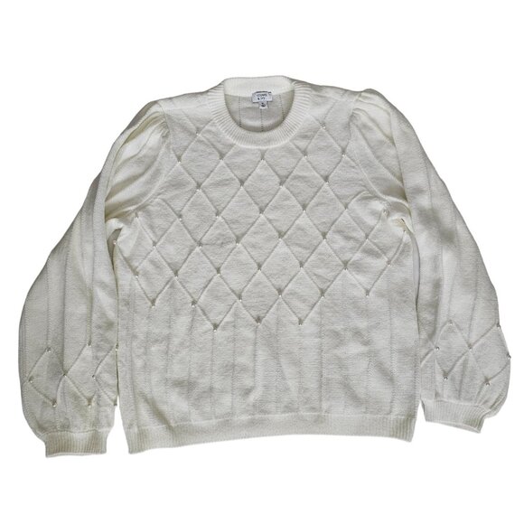 Crown & Ivy Women's White Diamond Pattern Faux Pearl Accent Knit Sweater Size XL - Picture 1 of 11